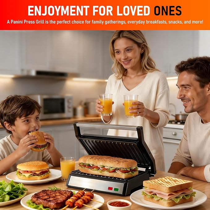 Panini Press Grill, 1200W Sandwich Maker with Non-Stick Plates, Standard 2-Slice Sandwich Press Electric Indoor Grill, Opens 180° to Fit Any Size of Food, Removable Drip Tray, Stainless Steel, Sliver