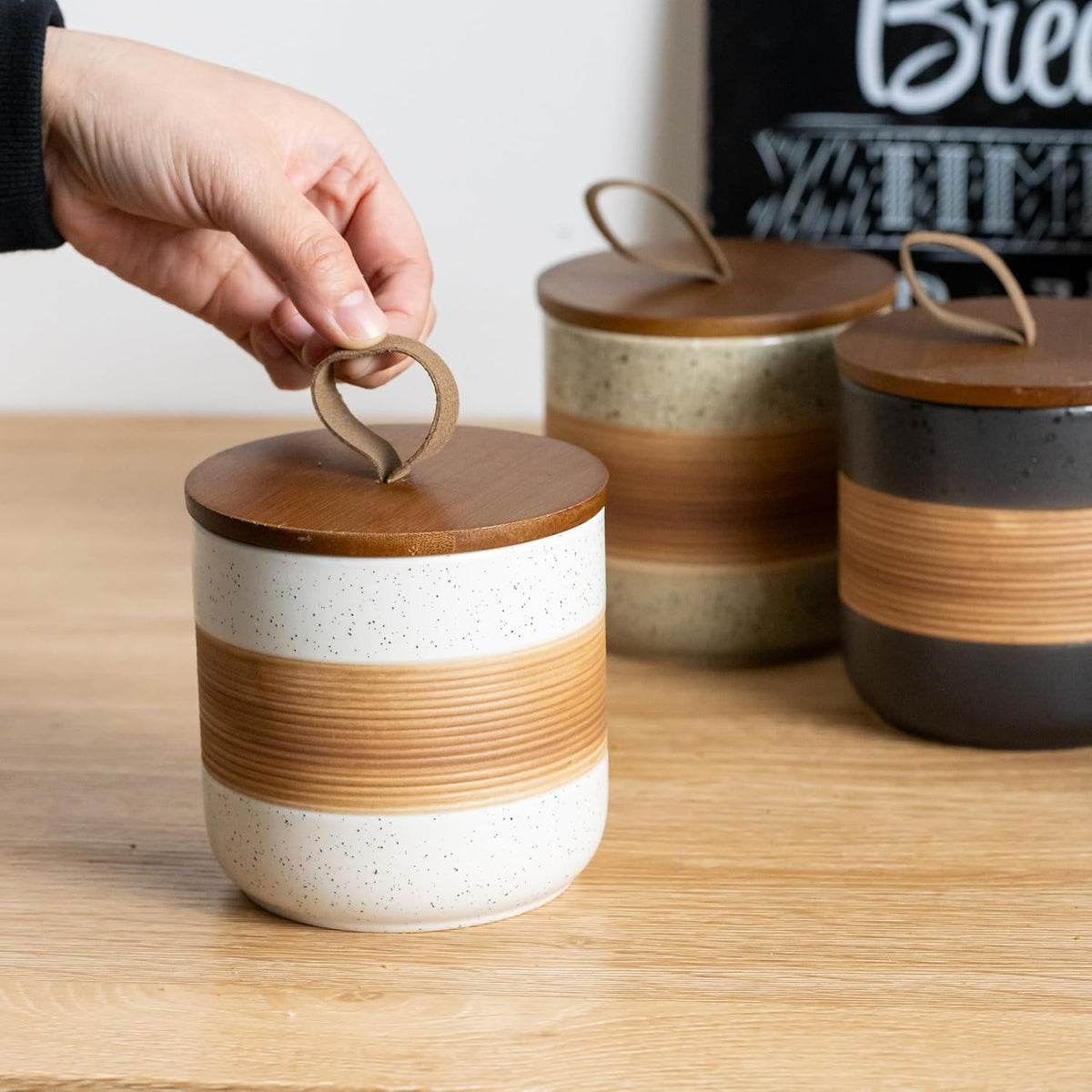 Small Ceramic Jar with Lid, Coffee Container Canister Kitchen Food Storage Jars for Spice Sugar Tea Bag, Stackable Decorative Jars for Countertop, White & 5oz