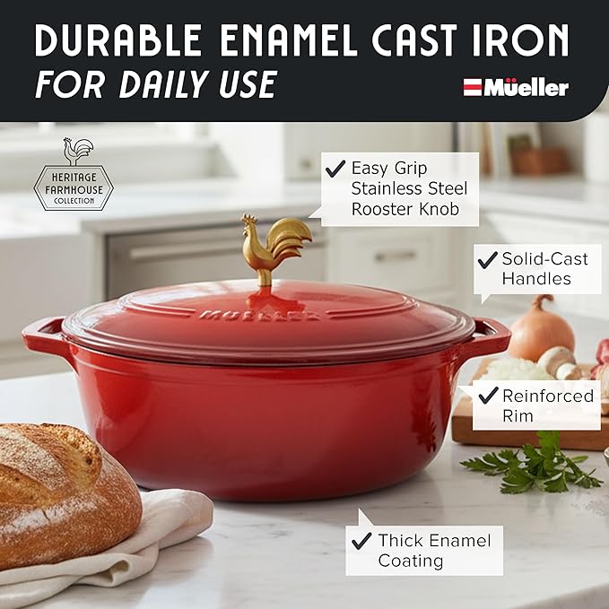 MUELLER HOME 5.5 Quart Enameled Cast Iron Oval Dutch Oven w Rooster Knob & Cotton Potholders, Heavy-Duty Cookware, Oven-Safe up to 500° F & Across All Cooktops, Gifts for Grandma & Women, Red