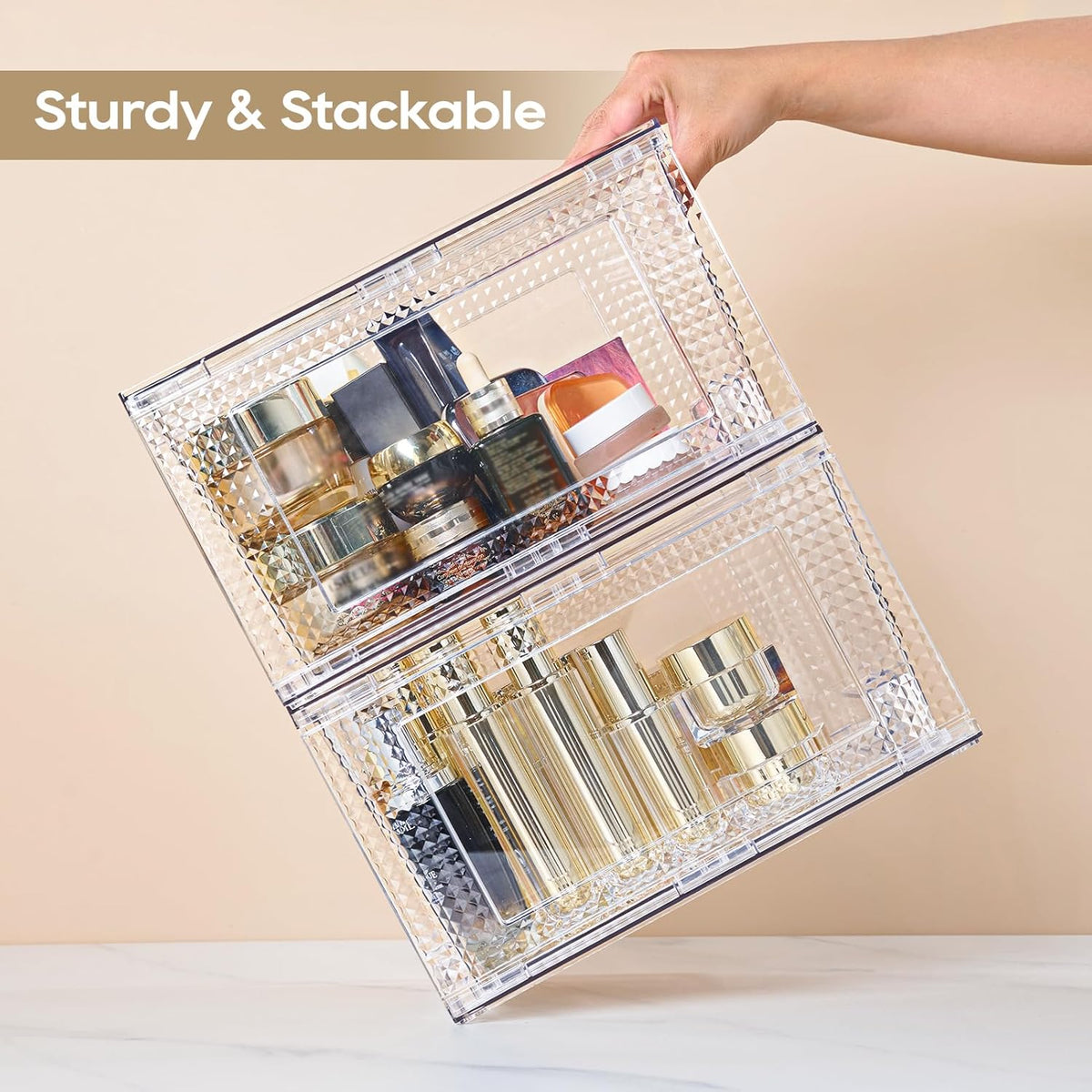JollyPack 2 Pack Clear Stackable Storage Drawers, Easy to Assemble Multi-Use Bathroom Organizers and Storage, Suitable for Vanity, Bathroom, Makeup, Under Sink, Office, Kitchen and Pantry