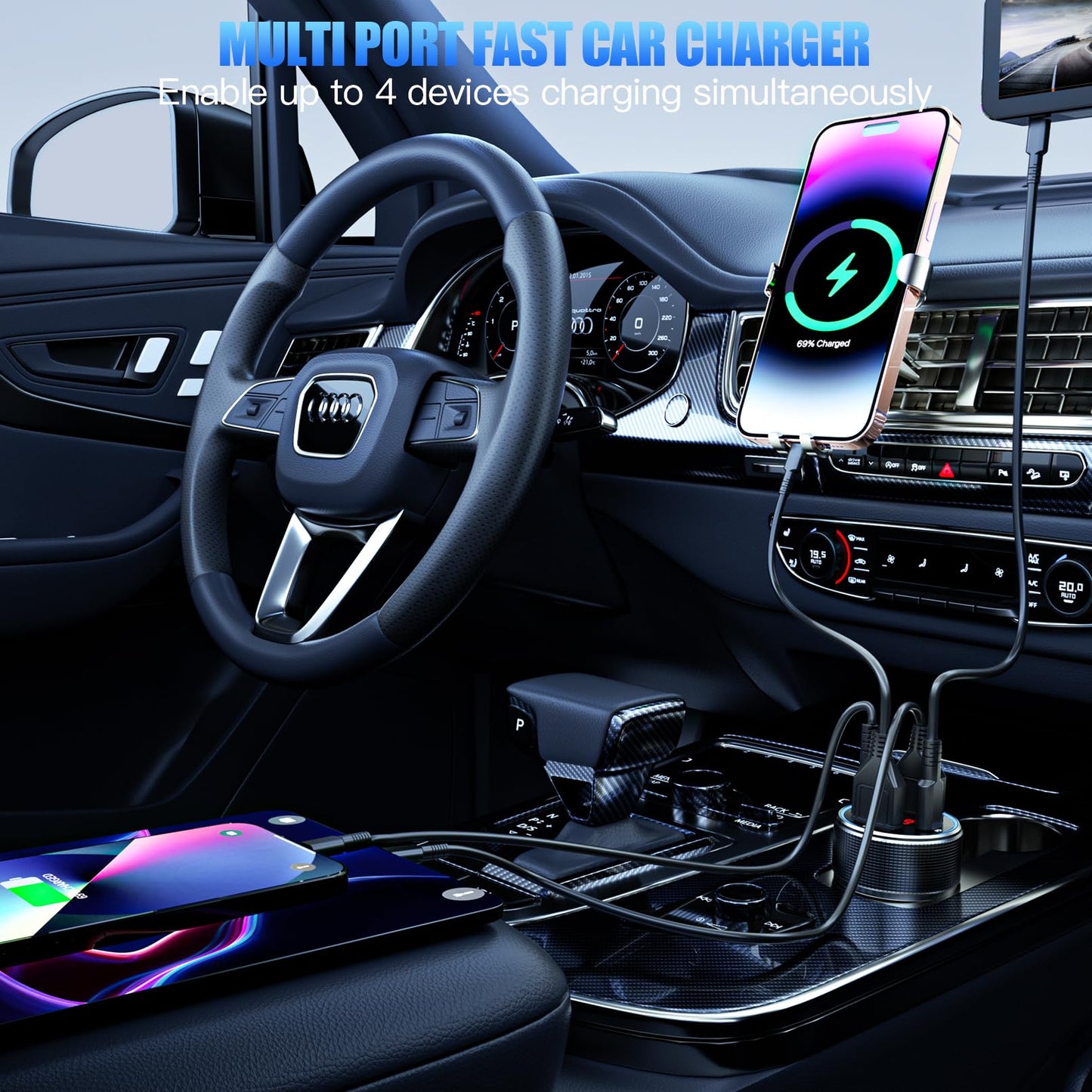 ANEXTIDE Car Charger USB C Fast Charging with 60W USB-C Cable, 78W 4 Port Metal USB Car Charger Adapter, PD QC3.0 Cigarette Lighter Adapter for iPhone 17 16 15 Pro Max, iPad, Samsung Galaxy, Android