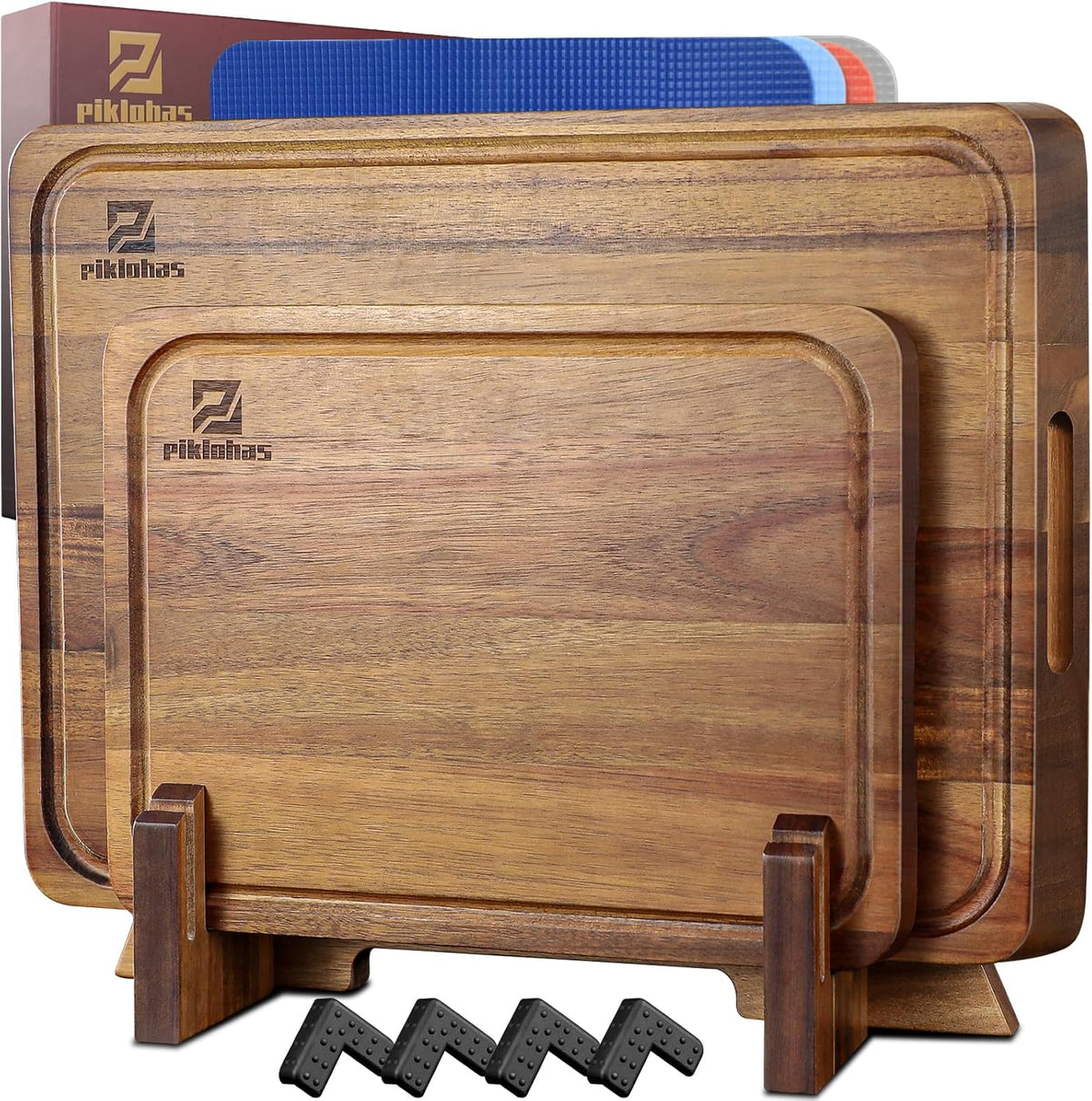 Cutting Boards Large Set of 7, Acacia Wood Charcuterie Chopping Board for Kitchen with Holder Non Slip Feet, Plastic Serving Board Mats, Juice Groove, Reversible Butcher Block for Meat Cheese Bread