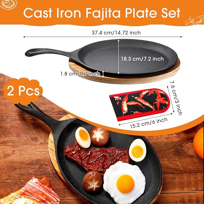 Lallisa 2 Sets Cast Iron Fajita Plate Set Fajita Plate Pan with Wooden Tray Anti Scald Protection Hot Mitt Cast Iron Skillet Set for Home Barbecue Kitchen Party Restaurant Catering Service