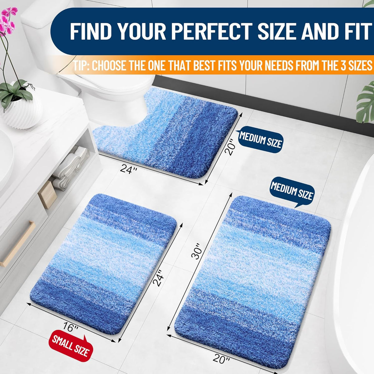 OLANLY Luxury Toilet Rugs U-Shaped 24x20, Extra Soft and Absorbent Microfiber Bathroom Rugs, Non-Slip Plush Shaggy Bath Mat, Machine Wash Dry, Contour Bathroom Mats for Toilet Base, Light Royal Blue