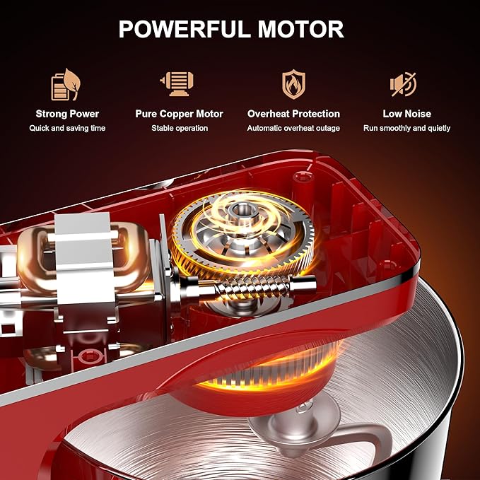 Stand Mixer, 10-Speed Kitchen Electric Mixer, 6QT Food Mixer with 8-in-1 Splash Guard, Dishwasher-Safe Dough Hook/Whisk/Beater/Spatula, Dough Mixers for Baking, Red