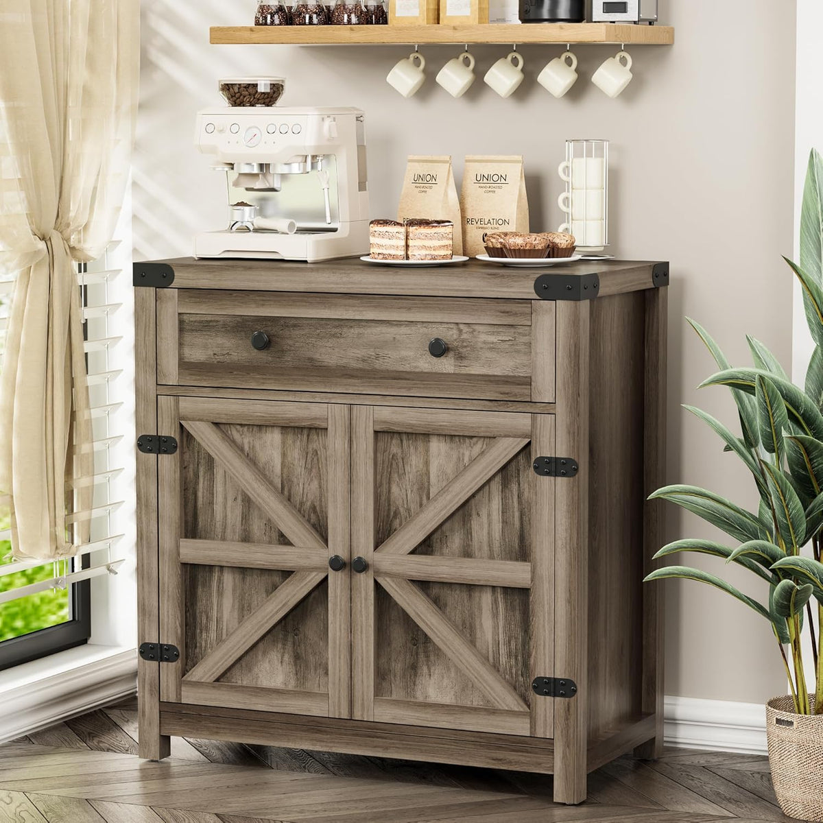 YESHOMY Farmhouse Coffee Bar Cabinet Sideboards, with Barn Doors, Spacious Drawer, Adjustable Interior Shelf, Generous Top Surface, for Kitchen, Bathroom, Entryway, Living Room, Pure Rustic