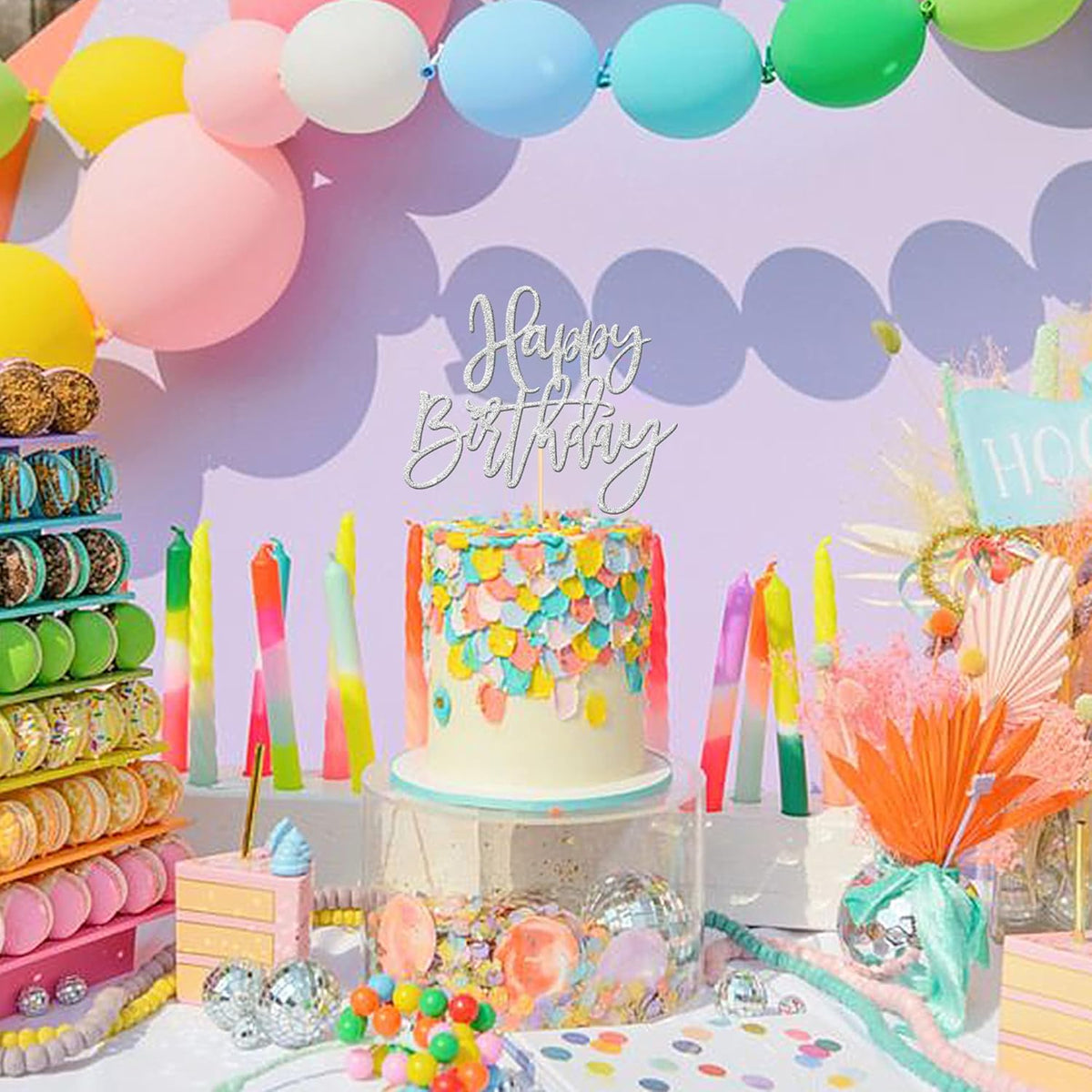 ZHUOWEISM 1 PCS Happy Birthday Cake Topper Glitter Happy Birthday Cake Pick for Celebrating Happy Birthday Anniversary Theme Party Cake Decorations Supplies Silver