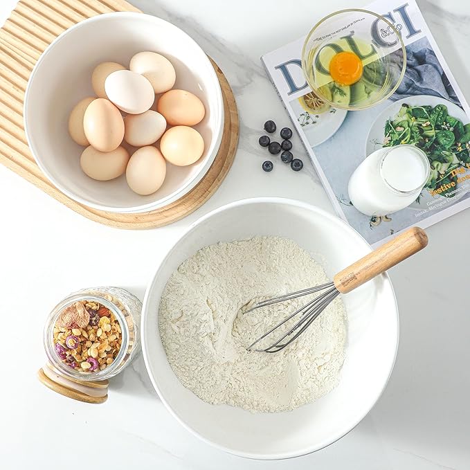 Ceramic Large Mixing Bowls for Kitchen, Set of 2 Big Serving Bowls for Cooking, Popcorn, Salad, Soup, Baking, Dough Bread Making Bowl, 10 inch + 8 inch, White