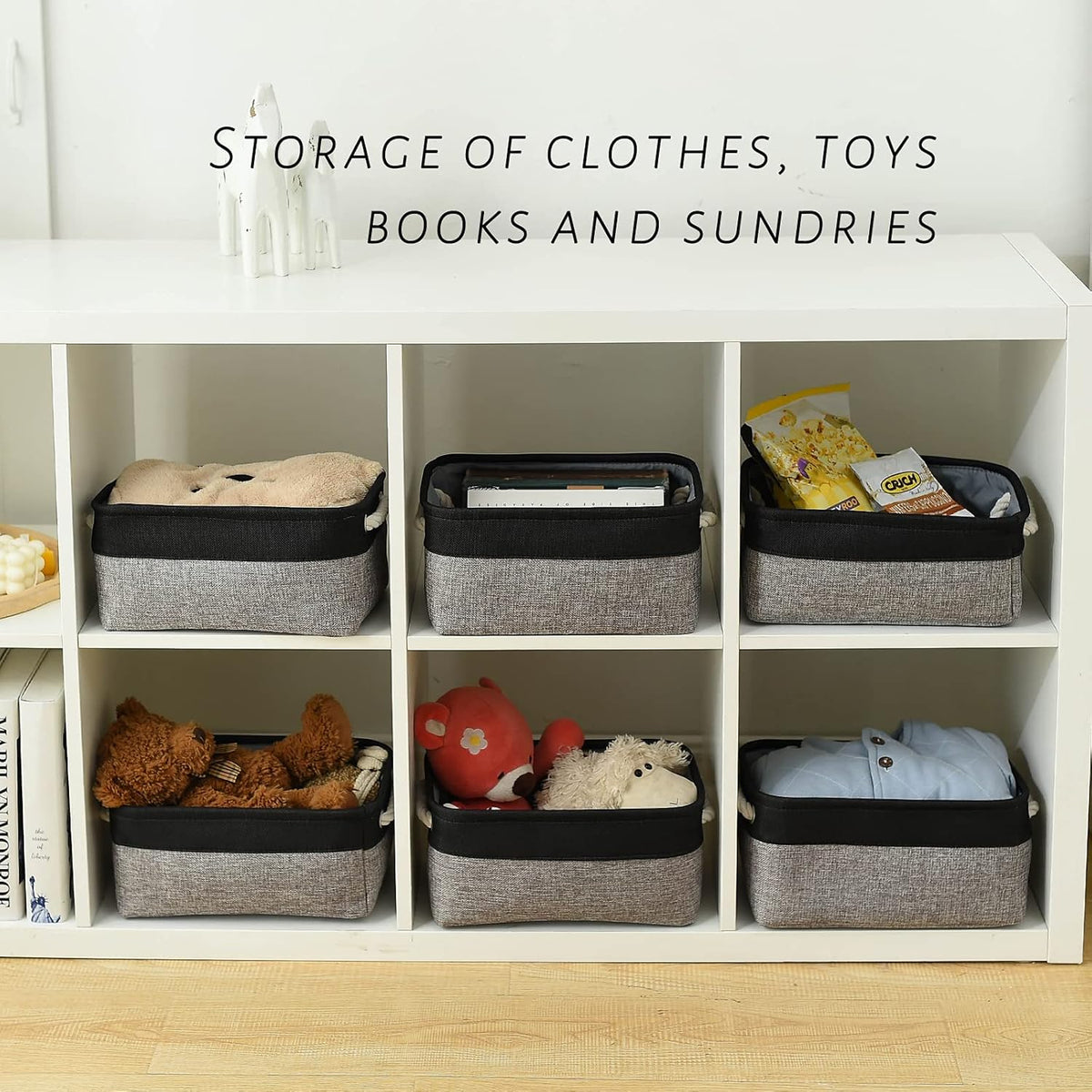 TcaFmac Storage Basket for Shelves - Small 6 Pack Fabric Storage Bins for Organizing, Collapsible Storage Cubes with Handle for Closet Cloth Toy Gift Kids (Black & Grey 11.8 x 7.8 x 5.2 inch)
