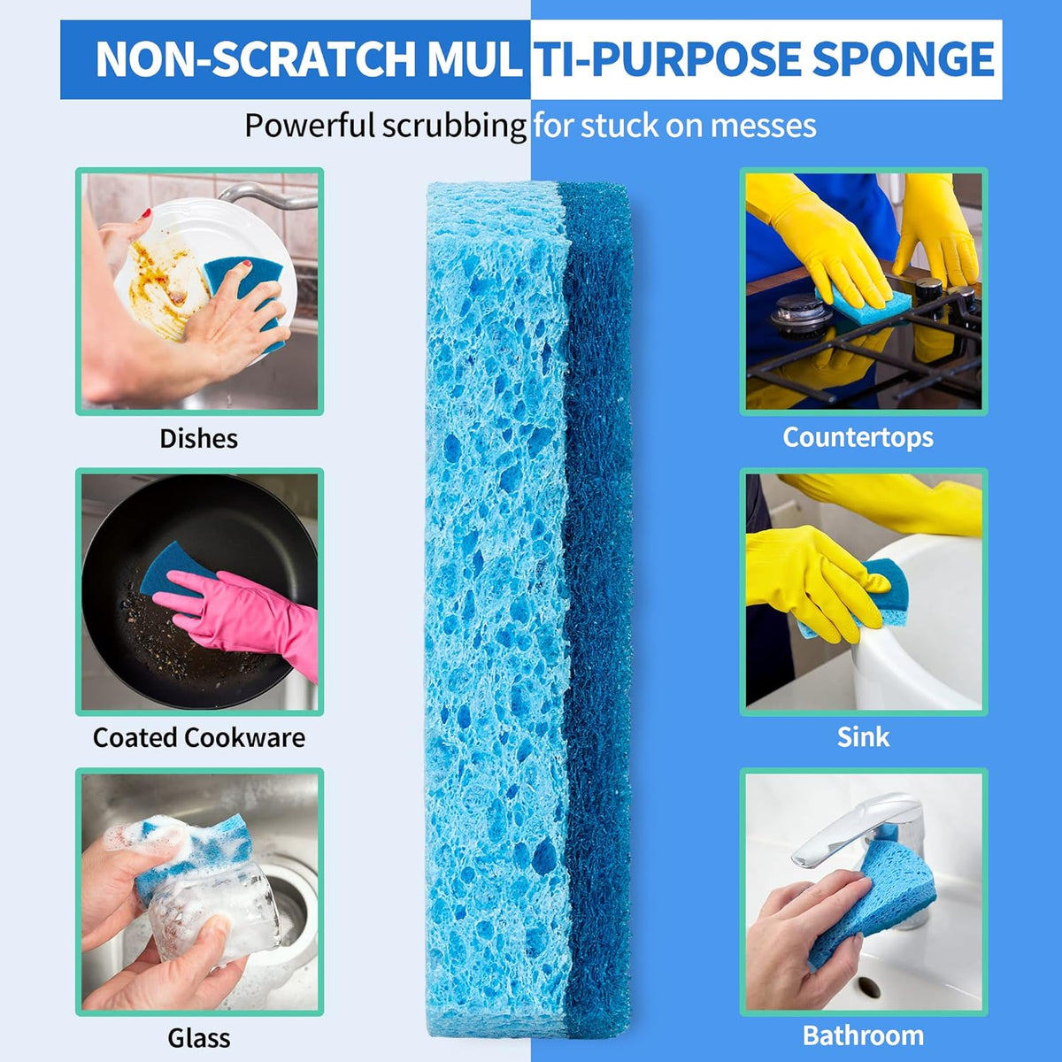 HOMERHYME Non-Scratch Cellulose Scrub Sponges 24 Pack, Kitchen Sponge with Double-Side & Ergonomic Design. Sturdy Sponge for Dishes, Coated Cookware, Sink, Countertops.