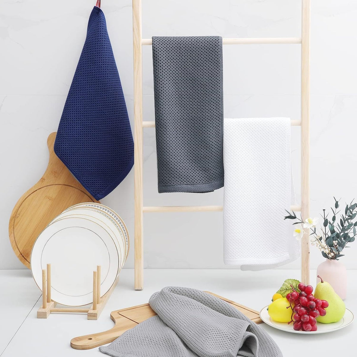 Homaxy 100% Cotton Waffle Weave Kitchen Dish Towels, Ultra Soft Absorbent Quick Drying Cleaning Towel, 13 x 28 Inches, 12-Pack, Light Gray