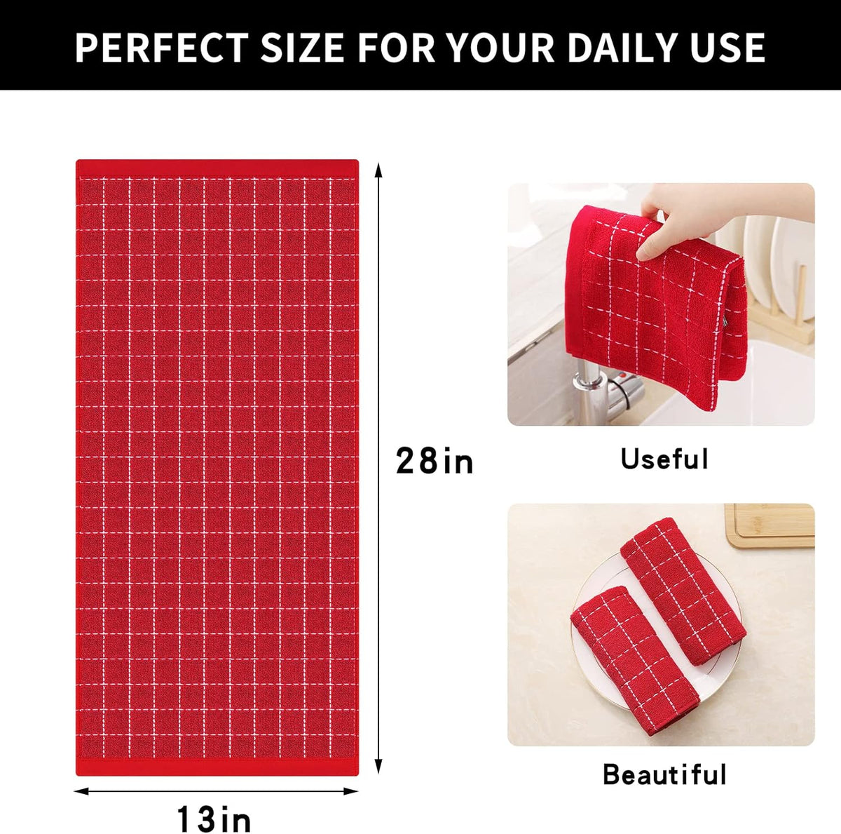 Homaxy 100% Cotton Terry Kitchen Towels(Red, 13 x 28 inches), Checkered Designed, Soft and Super Absorbent Dish Towels, 4 Pack