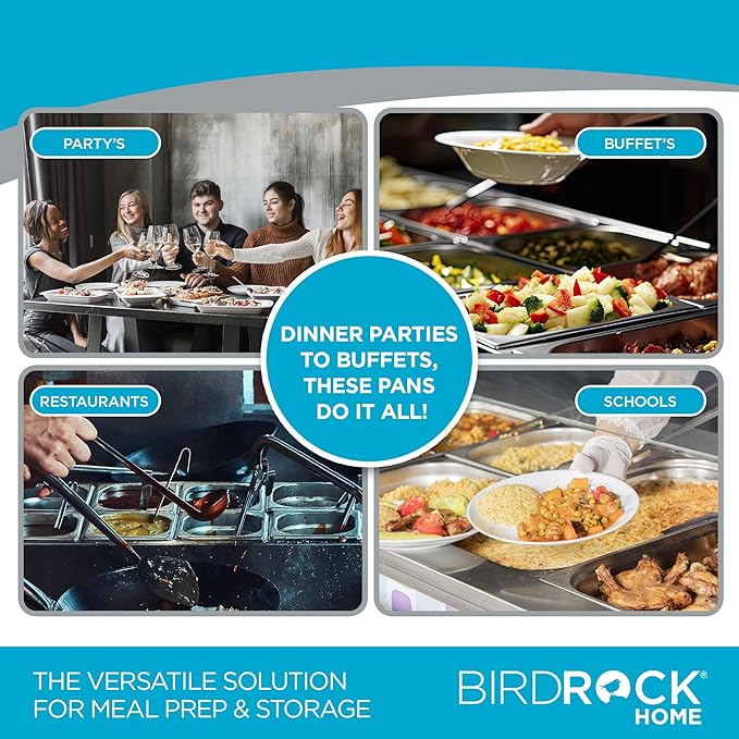 BIRDROCK HOME Stainless Steel Steam Table Pan - Hotel, Restaurant & Catering Supplies - 24 Gauge Steel, 4.5 qt Capacity - Meal Prep, Cooking, & Food Storage Container - 2.5" Depth, 1/2-Size (6 Pack)