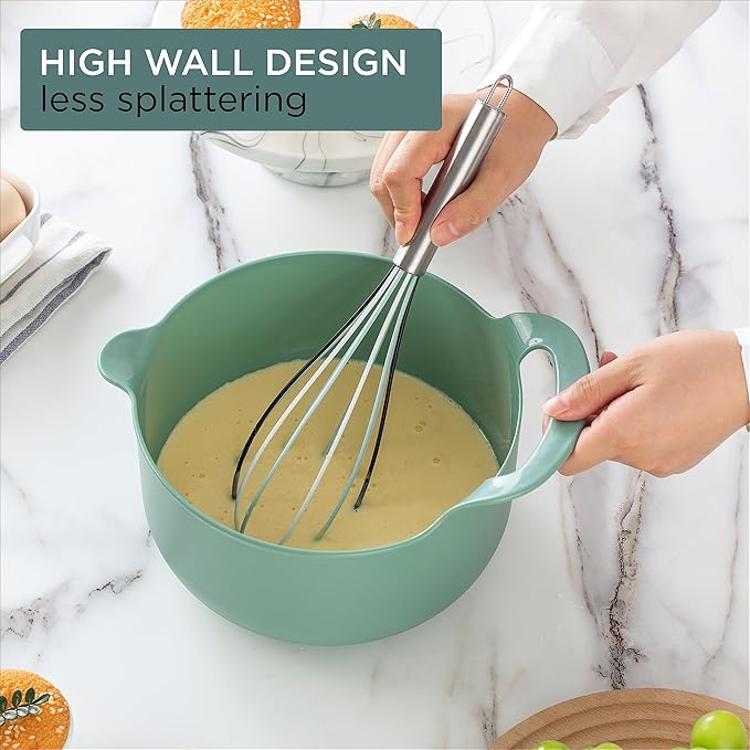 COOK WITH COLOR Nesting Plastic Mixing Bowl Set with Pour Spouts and Handles, Sage, 4 Piece Non-Slip