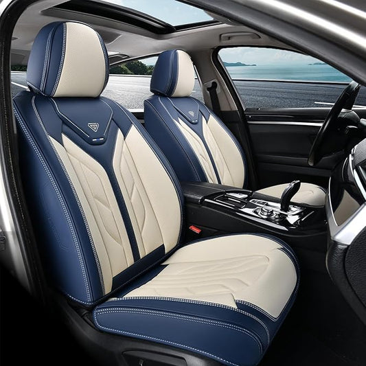 Coverado Car Seat Covers Front Seats Only, Leather Car Seat Protectors, Waterproof Seat Covers for Cars Auto Car Accessories Fit for Most Sedans SUV Pick-up Truck(Blue&Beige)