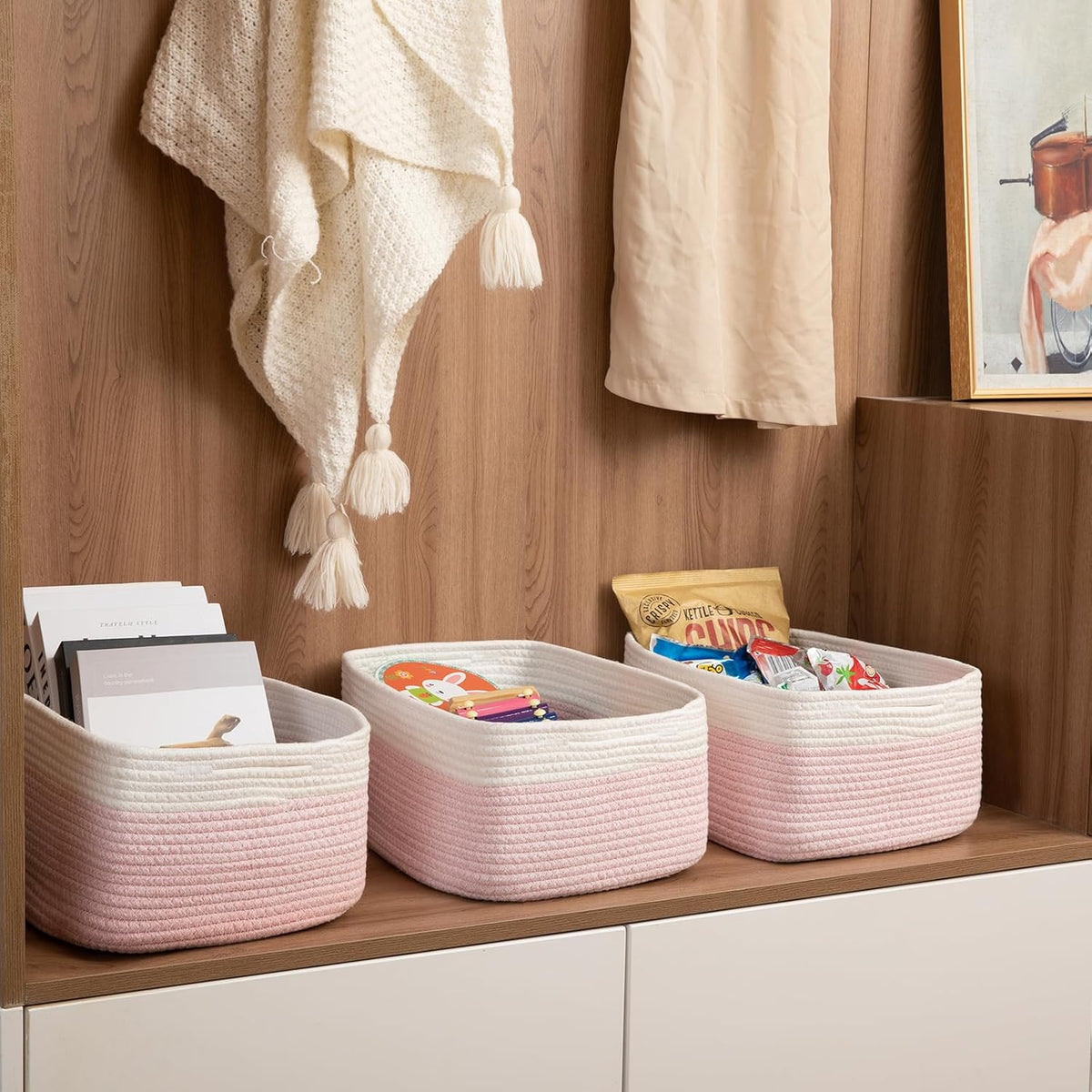 Storage Baskets for Organizing 3 Pack, Woven Baskets for Shelves, Closet Organizer Bins Empty Gift Basket Toy Storage for Toys, Books, Towels, Clothes, 15"x11.42"x6.7", Pink