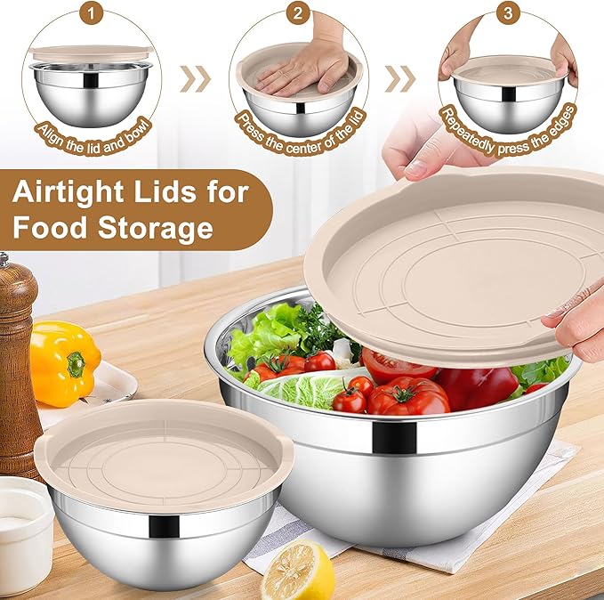 LIANYU Mixing Bowls with Airtight Lids Set, 6 Piece Stainless Steel Metal Kitchen Nesting Bowl, Size 7, 3.5, 2.5, 2, 1.5, 1QT for Prepping, Baking & Food Storage, Dishwasher & Freezer Safe, Khaki