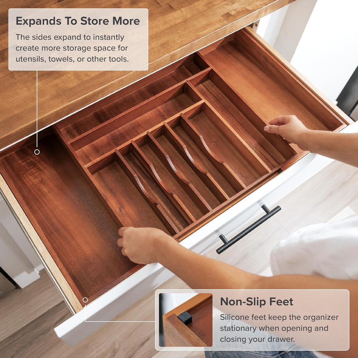 KitchenEdge Premium Silverware, Flatware and Utensil Organizer for Kitchen Drawers, Food-Safe Contract Grade, Expandable from 18 to 33 In, Natural Acacia