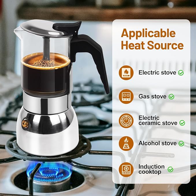 4 Cup Glass Clear Moka Pot Thickened 304 Stainless Steel Stovetop Espresso Maker Italian Coffee Machine 200ml 6.8oz Classic Mocha Cafe Greca Coffee Suitable for Gas Induction