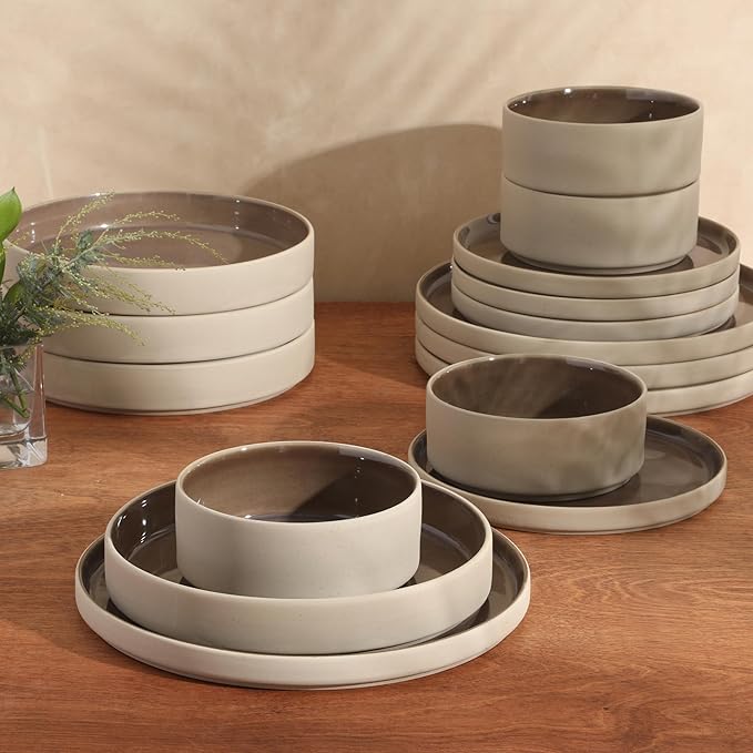 Gibson Elite Liberty Bay 16-Piece Pottery Clay Stoneware Dinnerware Set – Mocha Brown Reactive Glaze, Stackable Plates and Bowls W/Pasta Bowl, Service for 4 – Microwave & Dishwasher Safe