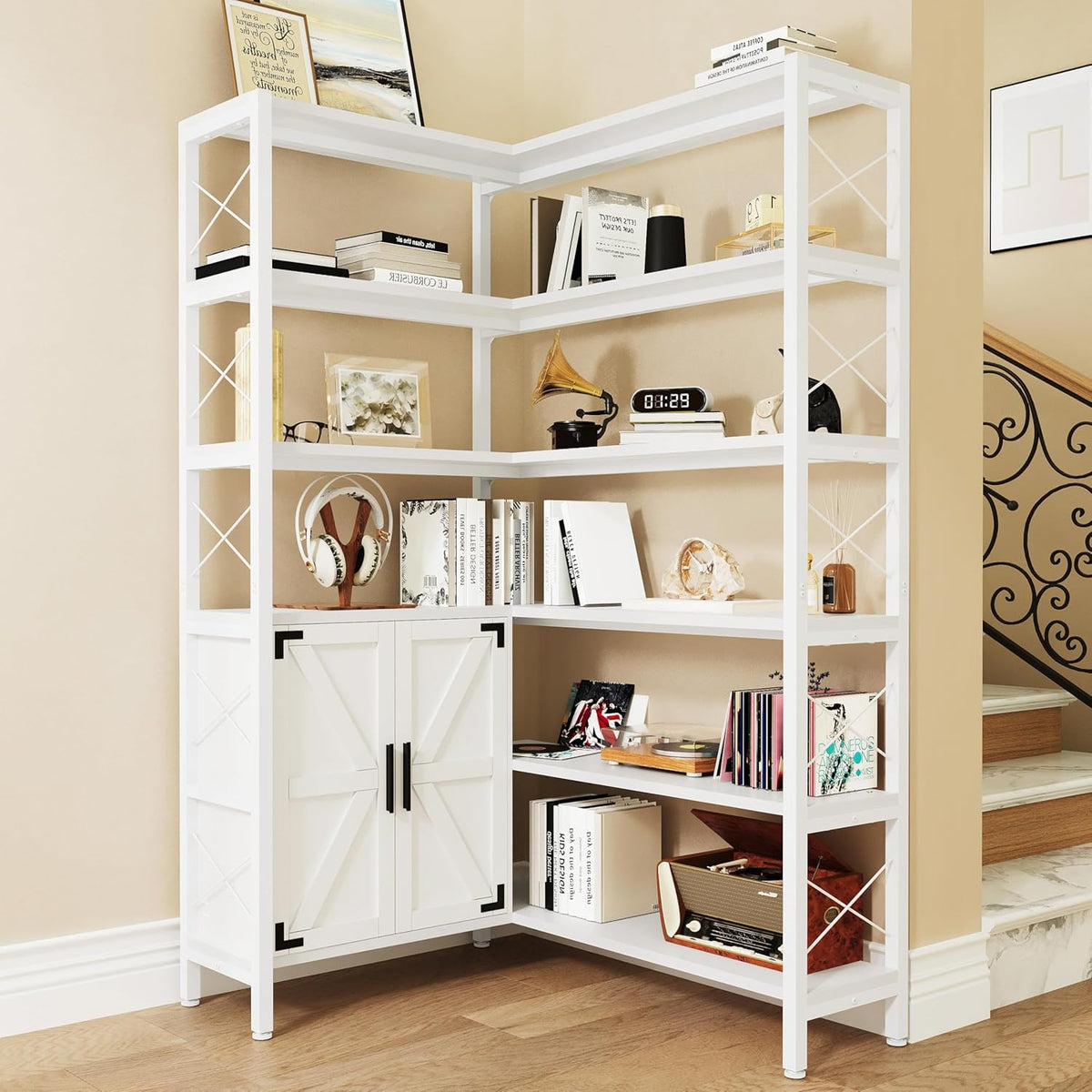6-Shelf Corner Bookshelf, Vintage Industrial Corner Shelf Etagere Bookcase, Large Book Shelf with Metal Frame Open Storage Corner Cabinet (White-Lockers, Small)