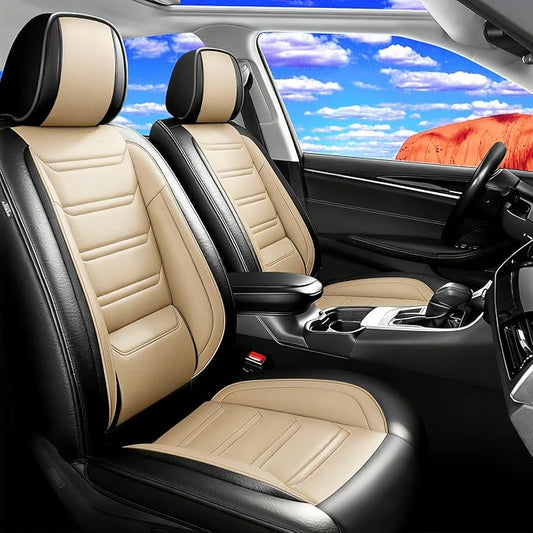 Fit Ridgeline Car Seat Covers for Select Honda Ridgeline 2007-2026 - Premium Full Coverage Leather, Airbag Compatible, Waterproof & All Weather Seat Cushion Protector, Front Pair Black+Beige