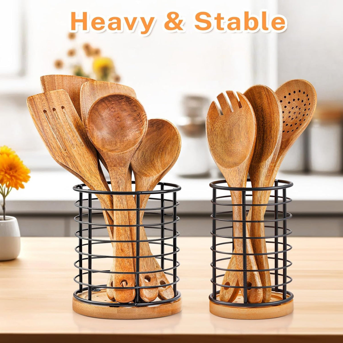 2 Pieces Utensil Holders, 5.1*5.1*5.8 and 3.7*3.7*5.8 inches Kitchen Utensil Holders, Metal Black Crocks with Wooden Base, Easy to Drain