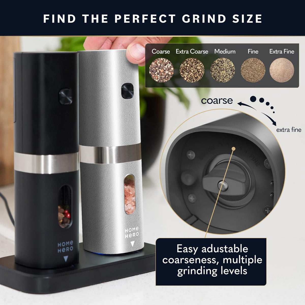 Home Hero Electric Salt and Pepper Grinder Set - Automatic Salt and Pepper Grinder Set Rechargeable. Electronic Salt and Pepper Shakers with LED Light, Electric Pepper & Salt Grinder, Set of 2