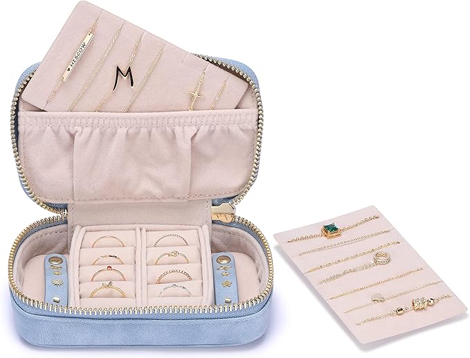 HISCOW Vegan Leather Travel Jewelry Case with Zipper - Portable Necklace & Earring Holder Organizer for Women Girls, Velvet-Lined Ring Box with Anti-Tarnish Design, Baby Blue