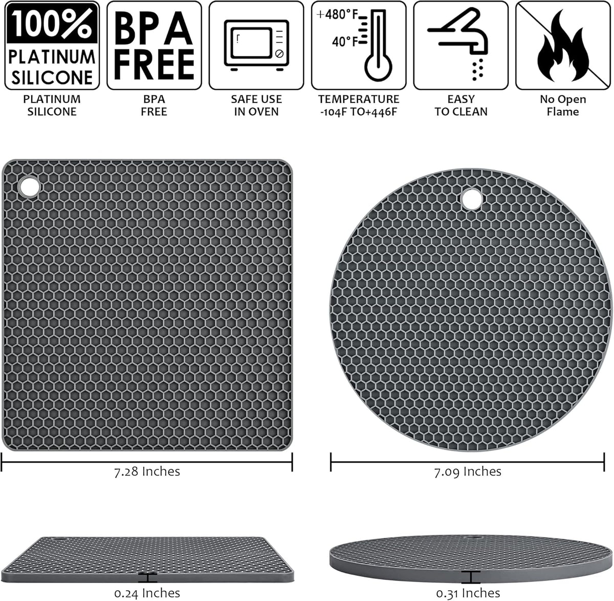 Silicone Trivets for Hot Dishes, Trivet Mat Hot Pads for Kitchen, Silicone Pot Holders for Kitchen, Trivets for Hot Pots and Pans, Heat Resistant Mats for Quartz Countertops, Set 4 Dark Gray