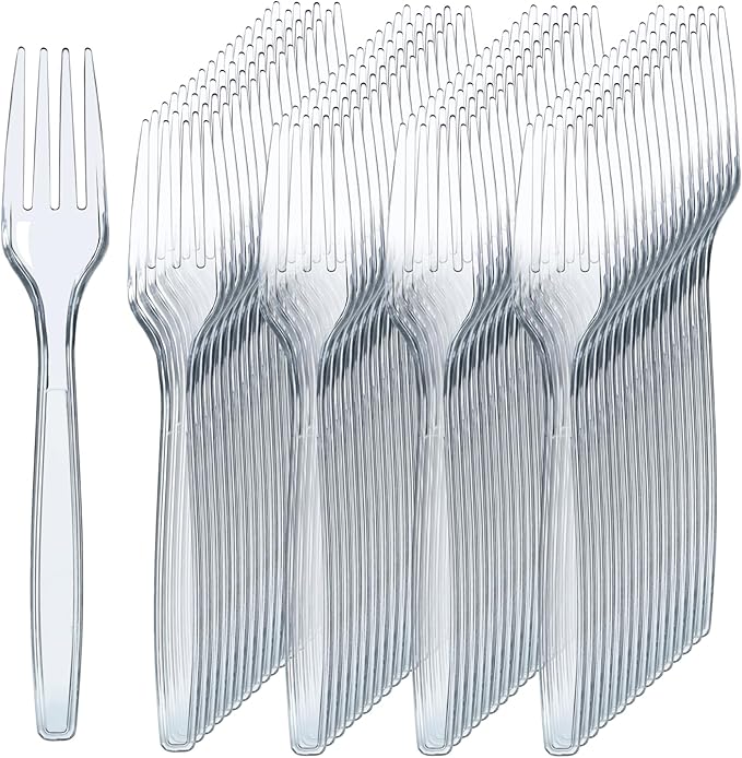 Prestee 300 Count Disposable Plastic Forks - Plastic Silverware Bulk Set - Heavy Duty Plasticware Forks - Clear Utensils for Catering Weddings Parties BBQ - Elegant and Sturdy Tableware