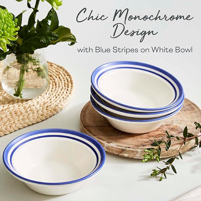 Portmeirion Potter's Stripe Oatmeal Bowl (Set of 4) - Ideal for Porridge, Soup, Desserts - Microwave & Dishwasher Safe Earthenware Bowls, Durable Dishware Collection - Made in UK (Blue Stripe)