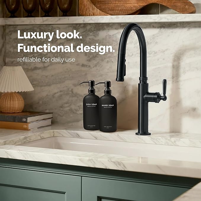 Vine Creations Black Glass Soap Dispenser Set, Dish Soap and Hand Soap Dispenser Set with Stainless Steel Pump, 16 oz Glass Dispensers for Kitchen Bathroom Decor (Matte Black Bottle/Matte Black Pump)
