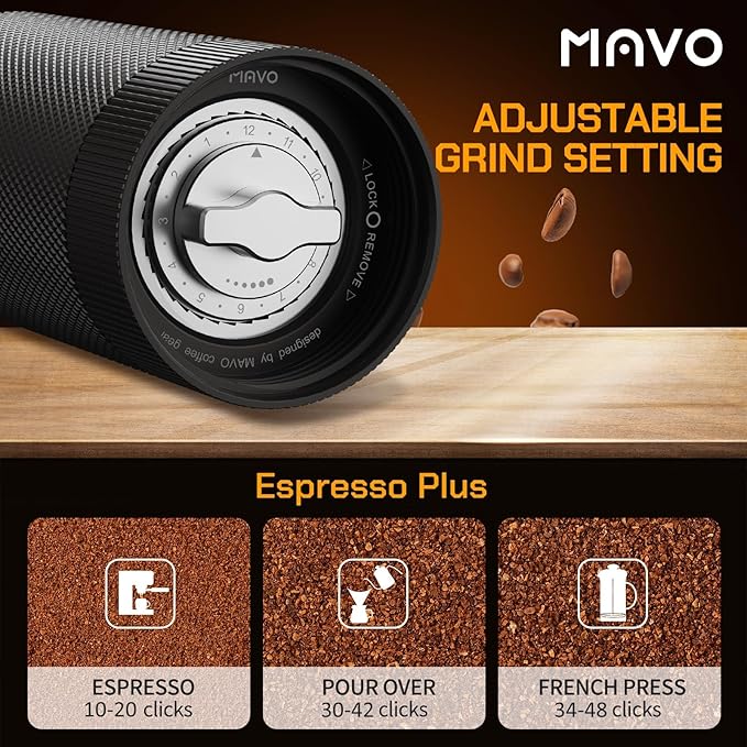 MAVO Manual Coffee Grinder, Wizard Hand Coffee Grinder, Capacity 25g with CNC Stainless Steel Hexagonal Conical Burr, Adjustable Setting, Burr Coffee Bean Grinder for French Press, Pour Over, Black