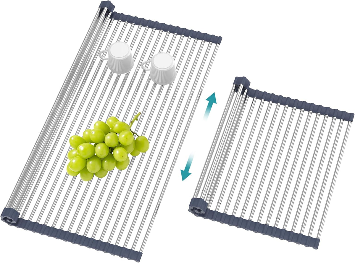 BBXTYLY Extra Large Expandable Roll Up Dish Drying Rack,Over The Sink Drying Rack Sink Cover Kitchen Sink Accessories Kitchen Rolling up Stainless Steel Drainer, Foldable,Rollable（Grey，22.8''-17''）