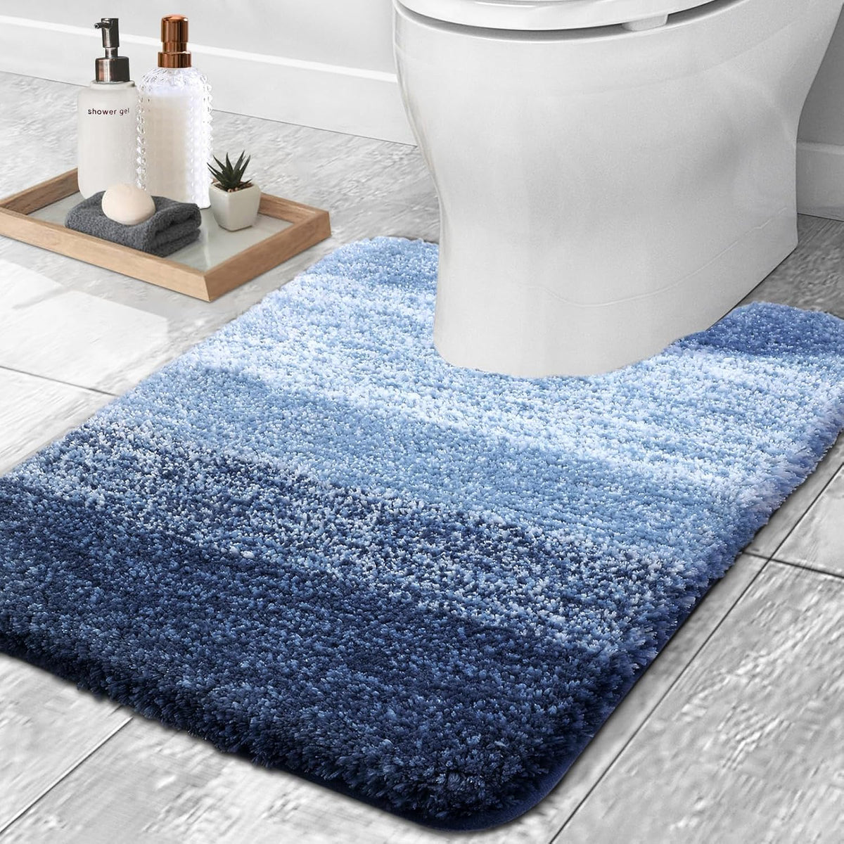 OLANLY Luxury Toilet Rugs U-Shaped 24x20, Extra Soft and Absorbent Microfiber Bathroom Rugs, Non-Slip Plush Shaggy Bath Mat, Machine Wash Dry, Contour Bathroom Mats for Toilet Base, Navy