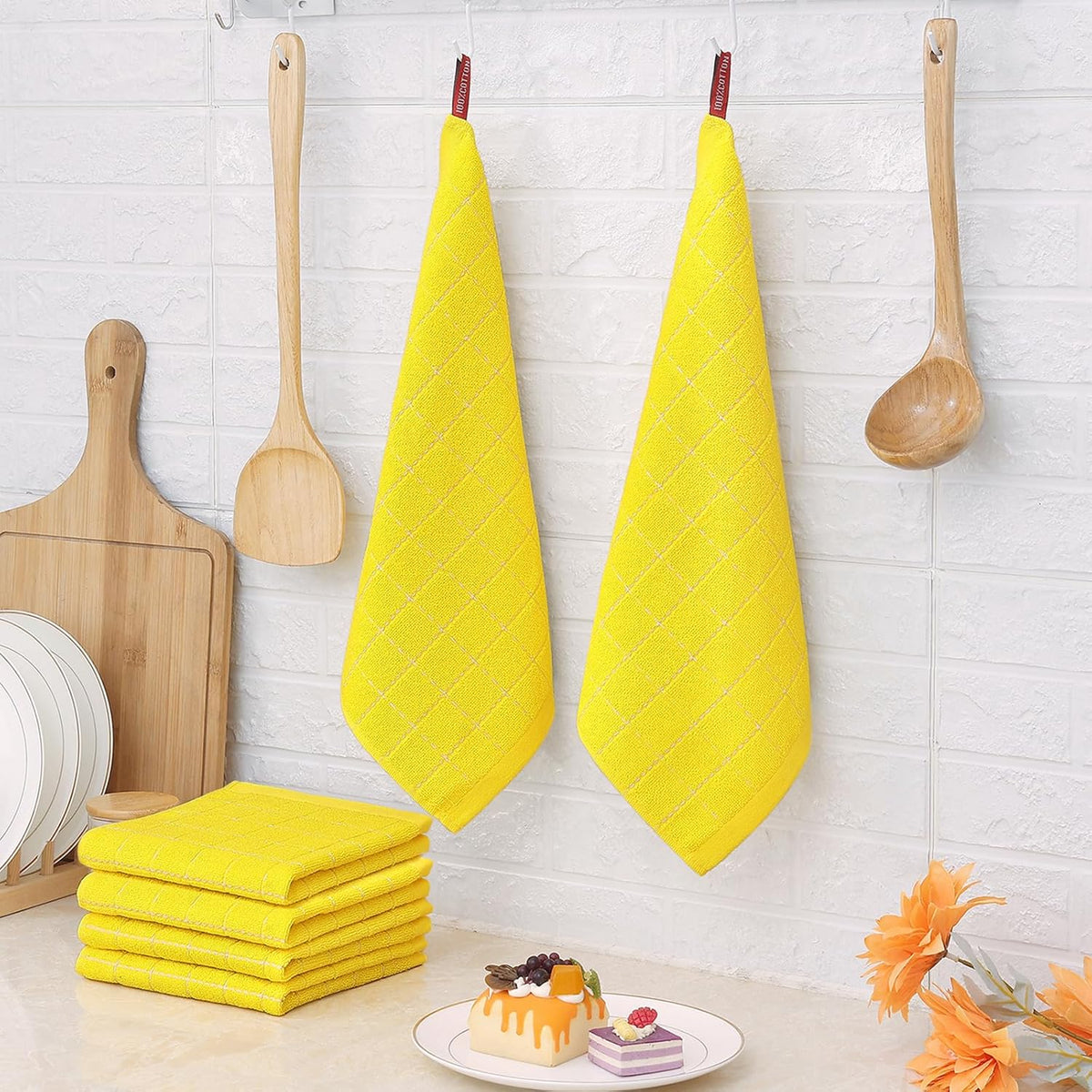 Homaxy 100% Cotton Terry Kitchen Dish Cloths, Ultra Soft and Absorbent Dish Towels for Kitchen, Perfect for Drying and Washing Dishes, 8 Pack, 12 x 12 Inches, Yellow
