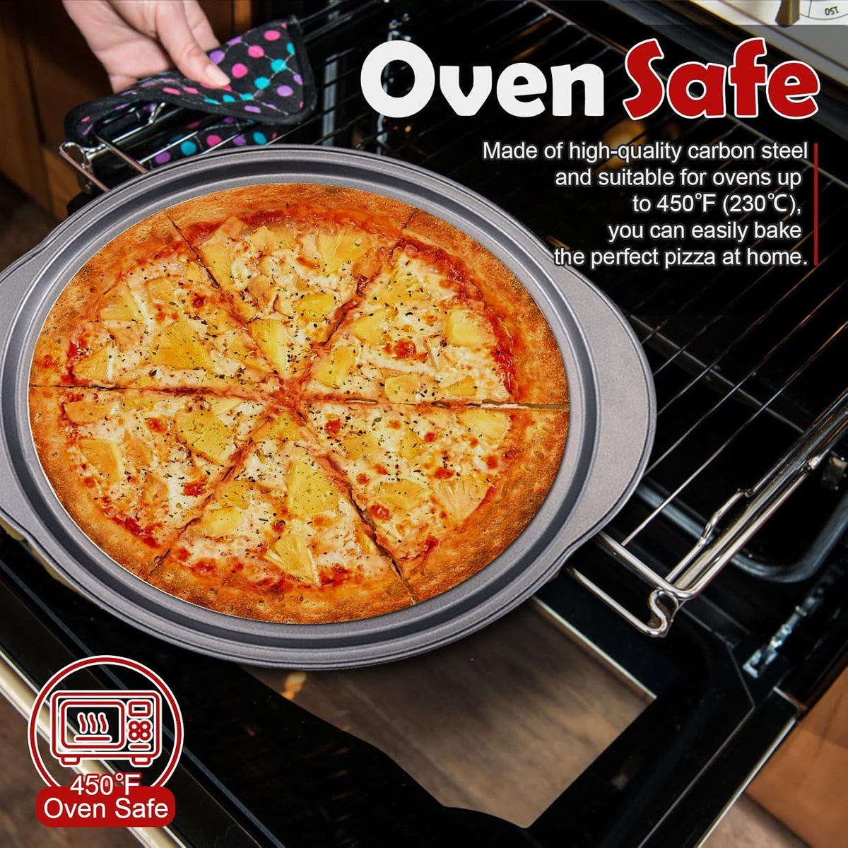 Unokit Pizza Pan for Oven - 13" 2PCS Round Carbon Steel Pizza Pan, Non-Stick Pizza Tray with Perforated Holes and Grip Handles, Dishwasher Safe, Grey