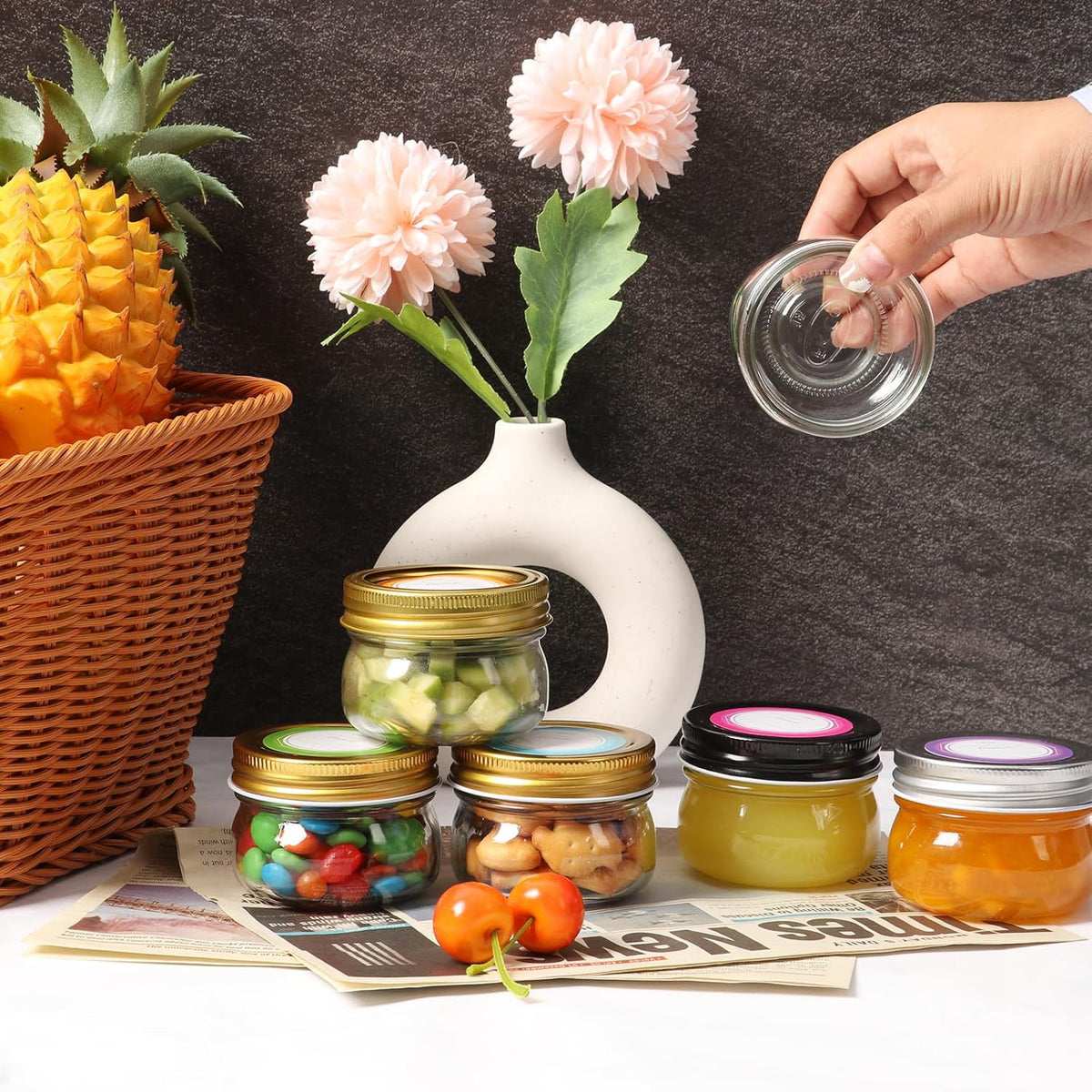 4 oz Mason Jars With Black Lid, 24 Pack Regular Mouth Canning Jars for Jam, Honey, Yogurt, Spices, Snacks, DIY Projects, Wedding Favors- Includes 30 Stickers