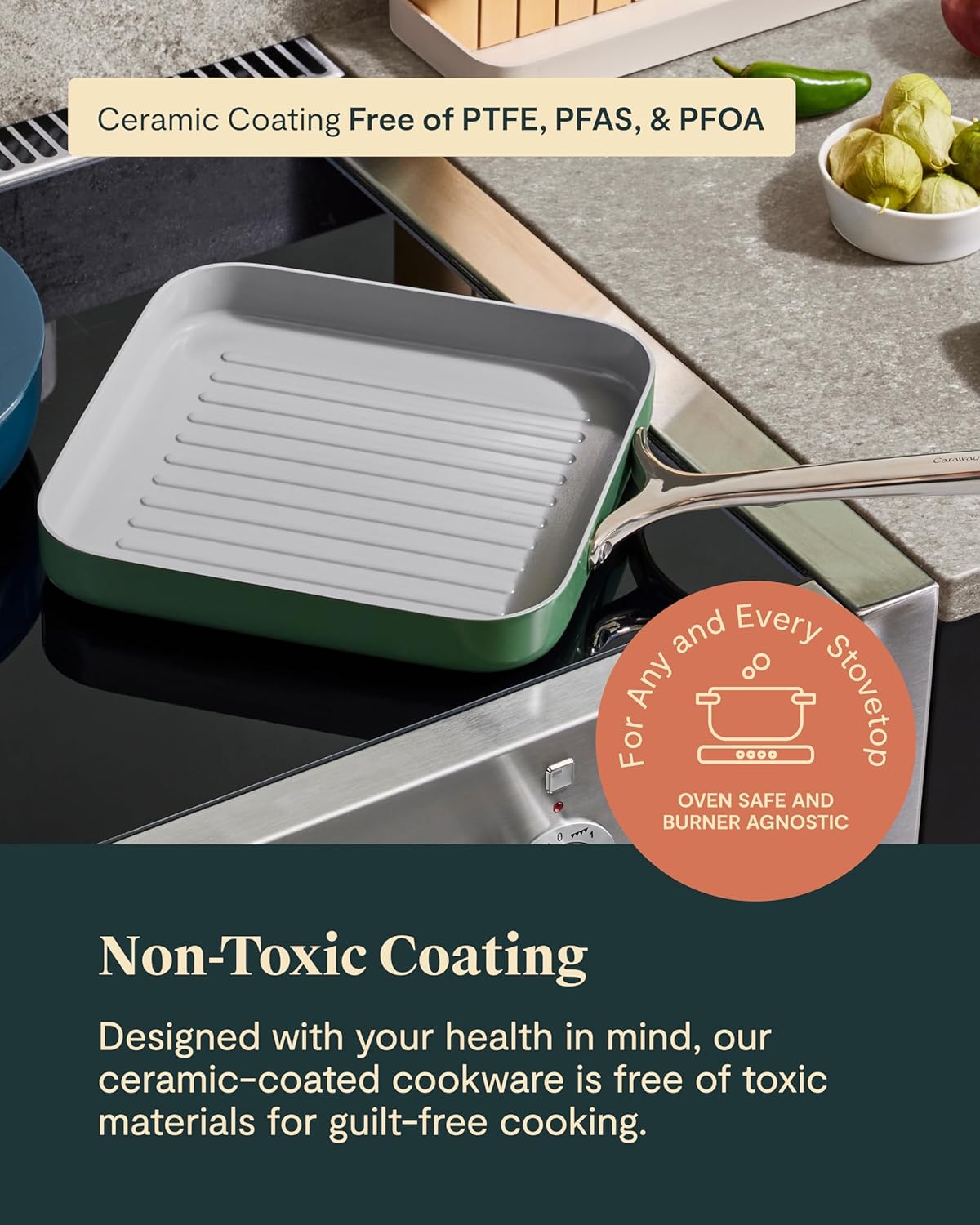 Caraway Square Grill Pan - 11” Grill Pan - Non-Stick Ceramic Coated - Non Toxic, PTFE & PFOA Free - Oven Safe & Compatible with All Stovetops - Black