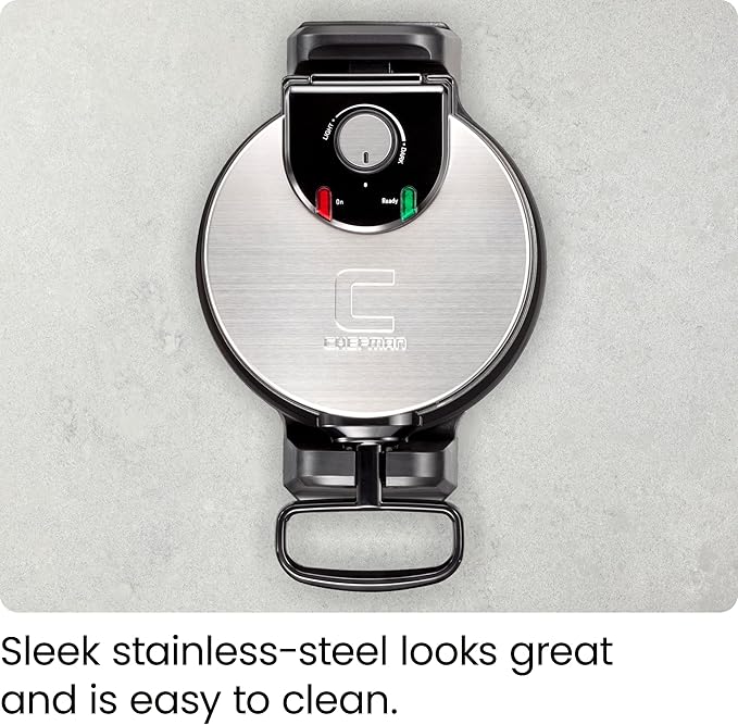 Chefman Rotating Belgian Waffle Maker, 180° Flip Iron w/ Non-Stick Plates, Adjustable Timer, Locking Lid, & Drip Plate, Space Saving Storage, Mess-Free Breakfast, Stainless Steel/Black
