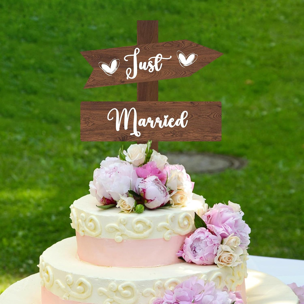 Just Married Cake Topper Rustic Wedding Cake Topper Double-Sided Wood Cake Toppers 7.48'' x 5.12'' Wedding Cake Decoration