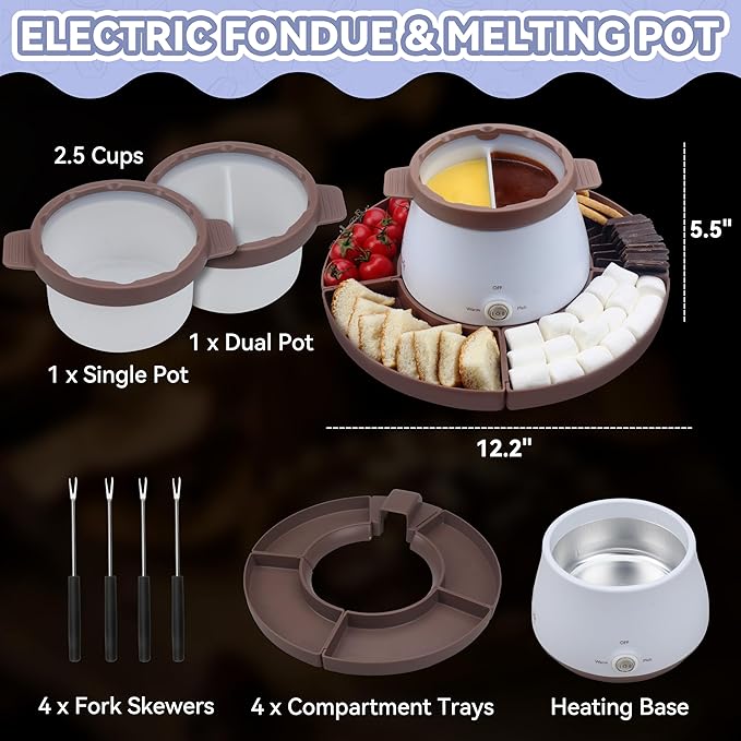 Party Desserts Electric Fondue Pot Set with 2 Pots, Melting Chocolate Warmer for Dipping, Candy & Chocolate Melting Pot, Fondue Pot Electric Set, Fondue Forks Included, 2.5 Cups, Brown