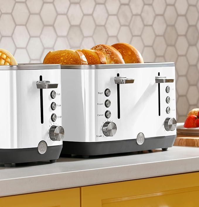 GE 2 Slice Toaster, Extra Wide Slots for Toasting Bagels, Breads, Waffles & More, 7 Adjustable Shade Settings, Removable Crumb Tray, Countertop Kitchen Essentials, 850 Watts, White