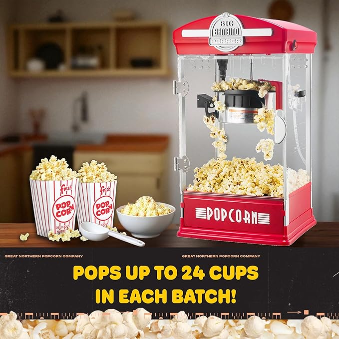 Popcorn Machine - Big Bambino Old Fashioned Popcorn Maker With 4-Ounce Kettle, Measuring Cups, Scoop, and Serving Cups by Great Northern Popcorn (Red)