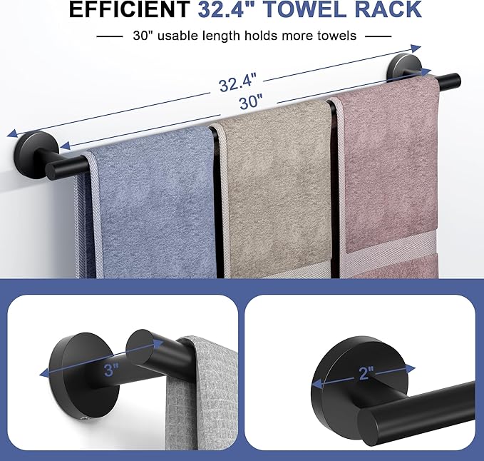 Matte Black Towel Bar, 30 Inch Towel Racks for Bathroom Wall Mounted, SUS304 Stainless Steel Bathroom Towel Holder, Total Length 32.4 Inch Towel Bars