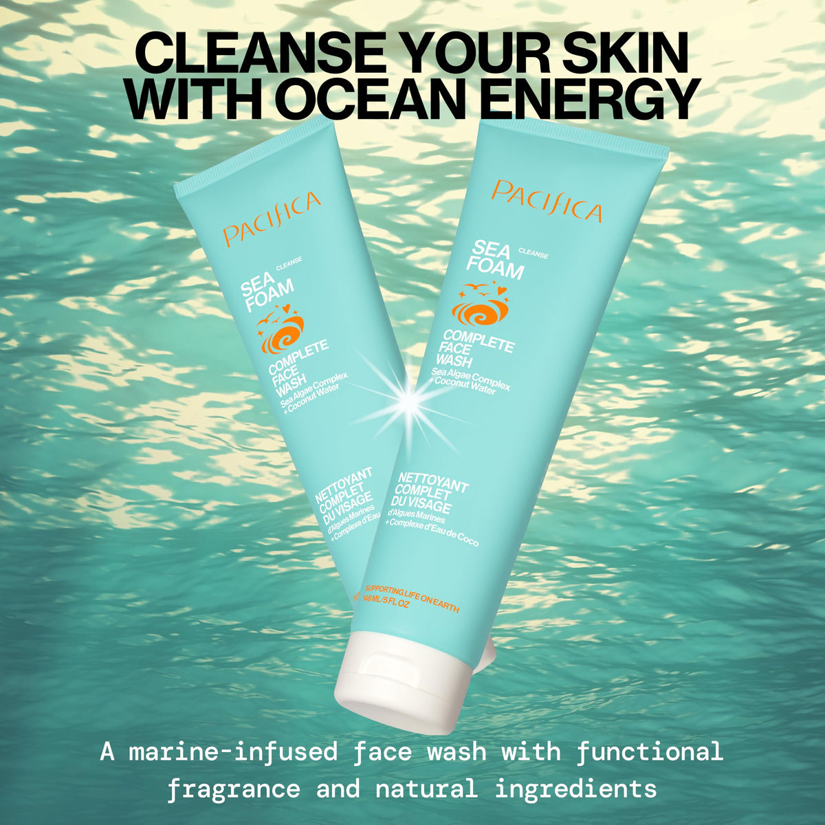 Pacifica Beauty Sea Foam Complete Face Wash Set, Skincare, Daily Gentle Facial Cleanser, Makeup Remover, Coconut Water, Sea Algae Complex, Sulfate & Paraben Free, Vegan, 5 fl oz (2 Pack)