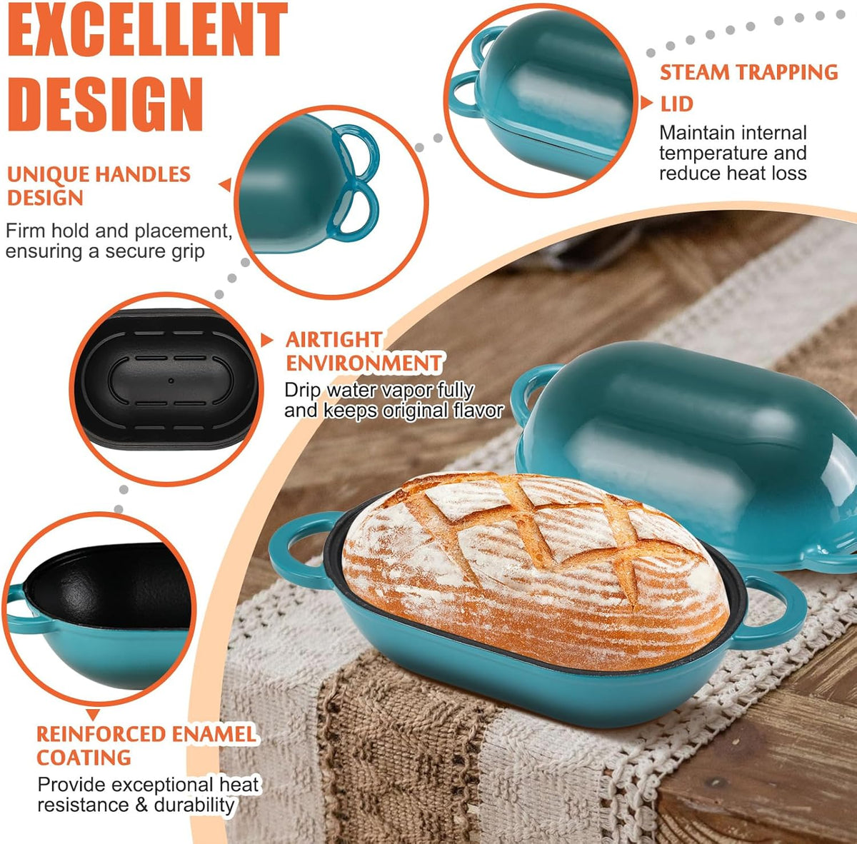 Enameled Cast Iron Bread Oven, 5QT Loaf Cast Iron Bread Pan with Lid, Oval Dutch Oven for Homemade Bread Baking (Gradient Blue-green)