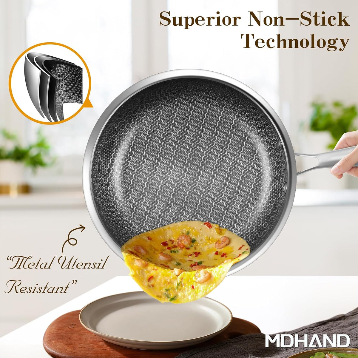 MDHAND 12 Inch Nonstick Frying Pan with Tempered Glass Lid, Premium Stainless Steel Skillet with Stay-Cool Handle, Dishwasher-Friendly, Oven-Safe, Induction Ready, Compatible with All Cooktops