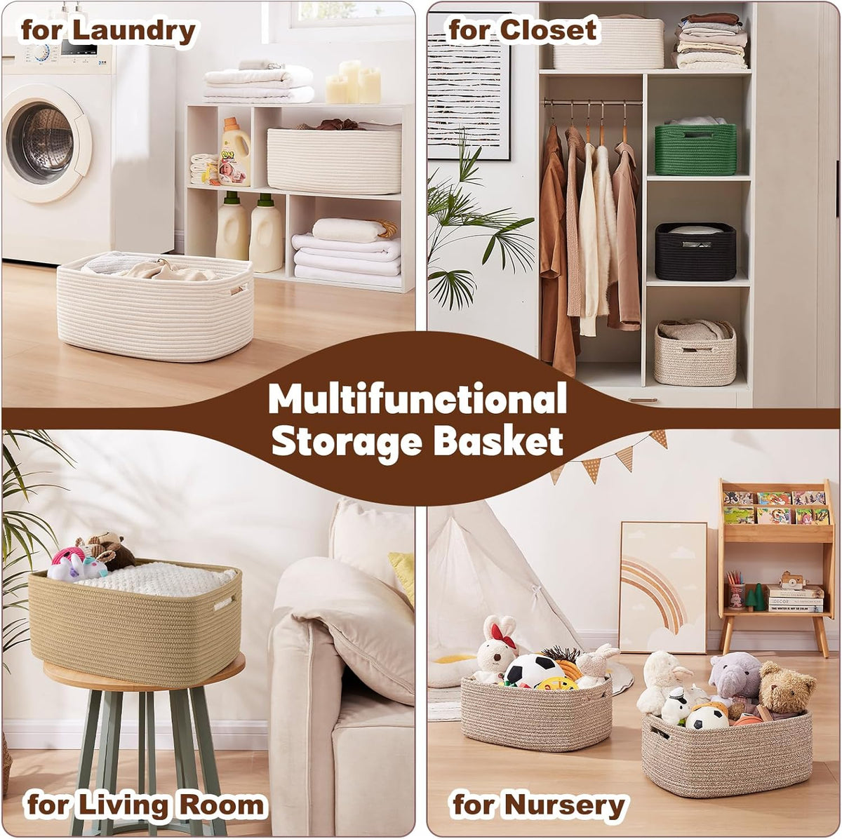 OIAHOMY Storage Basket for Shelves, Closet Cube Storage Bins Baskets for Clothes Blanket Towels, Baby Nursery, Toy Baskets Box, Woven Rope Basket, 15.75*11.81*7.09 IN, 2 Packs White